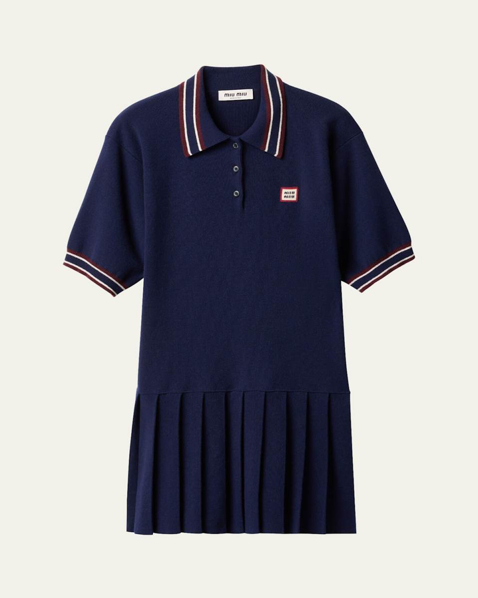 Short-Sleeve Pleated Mini Polo Cashmere Wool Dress